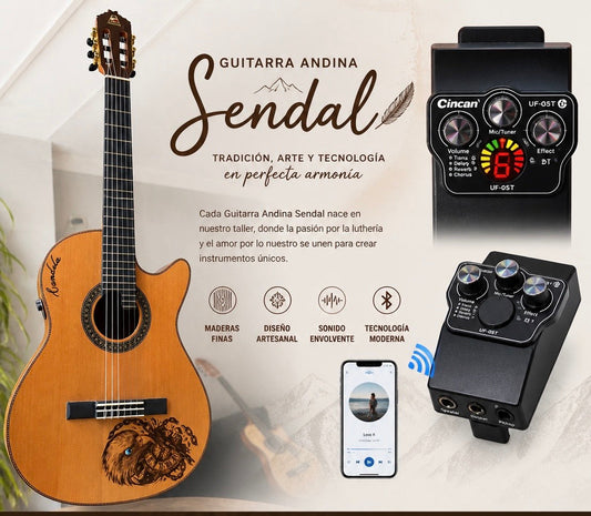 Guitarra Andina Sendal artesanal con diseño quemado a mano, fabricada con maderas finas como jackfruit, abeto alemán y cedro rojo, con diapasón de ébano y sistema de amplificación con efectos y Bluetooth.